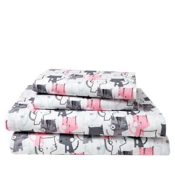 Microfiber Whimsical Cat kitty Printed Sheets Elite Home Products 3 Piece Set - Picture 4 of 5
